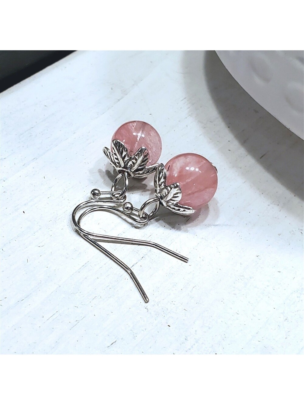 Cherry Quartz Gemstone Dangle Silver Platinum Plated Artsy Leaf Capped Earrings - Picture 9 of 11